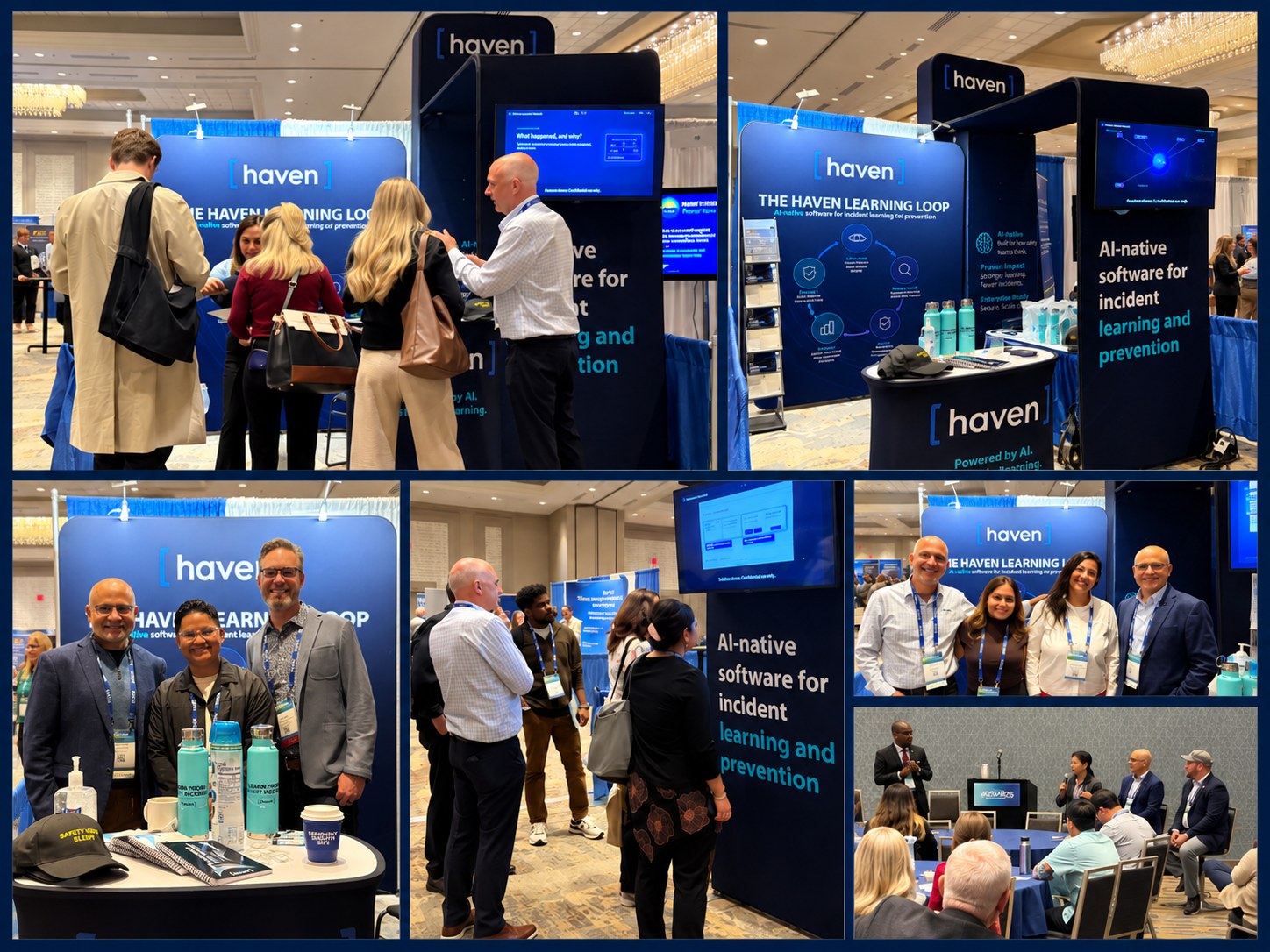 Collage of photos from the Haven booth at NAEM FORUM26: attendees talking with the Haven team, the booth and Haven Learning Loop display, team members with visitors, and the AI readiness panel session